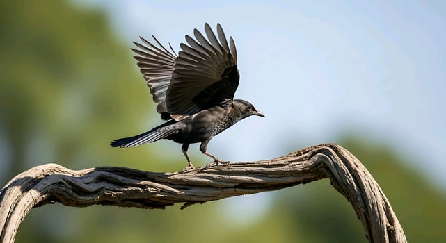 a black bird is standing on a branch photo