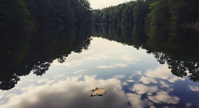 a leaf floating on the water in a forest photo