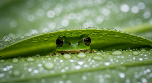 a frog peeks out from under a leaf photo