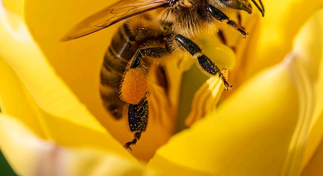 a bee is sitting on the top of a yellow tulip photo