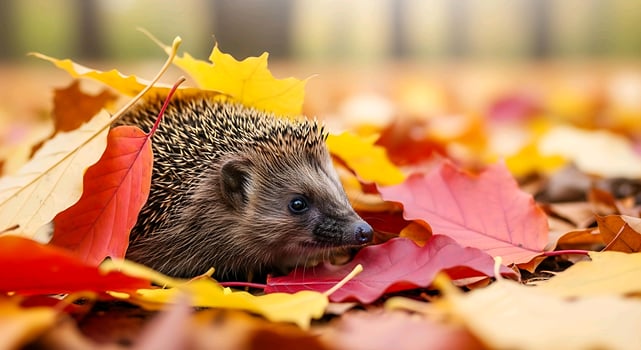 an hedgehog is hiding in the leaves photo