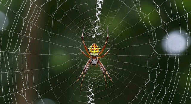 a spider sits in its web on a green background photo
