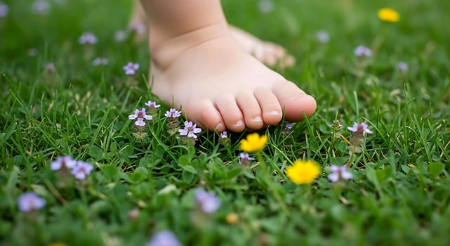 a child's bare feet in the grass with flowers photo