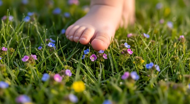 a child's bare feet in a field of flowers photo