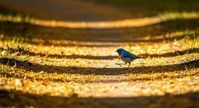 a blue bird walking along a path in the sun photo