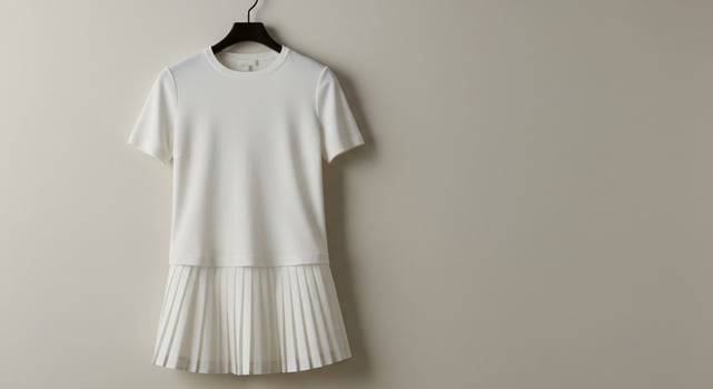 Stylish White T Shirt Dress Featuring a Chic Pleated Skirt Design Displayed Neatly on a Hanger for Contemporary Womenswear Apparel photo