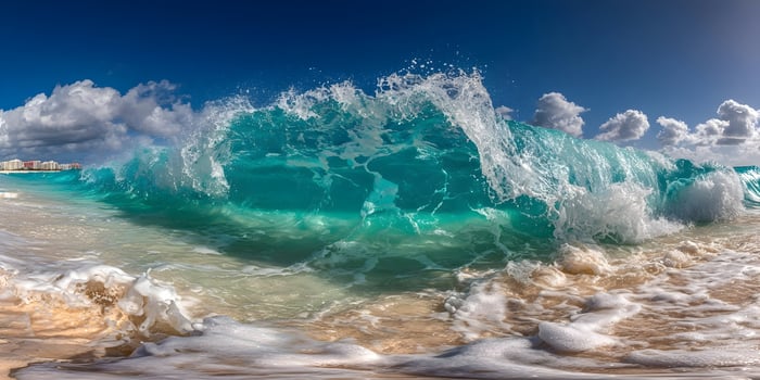 Ocean Wave Crashing on Sandy Beach Turquoise Water Blue Sky White Foam Summer Day photo