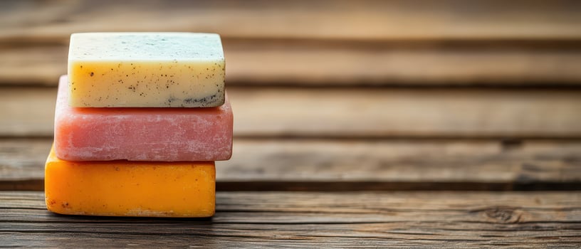 Colorful soap stacked on wood photo