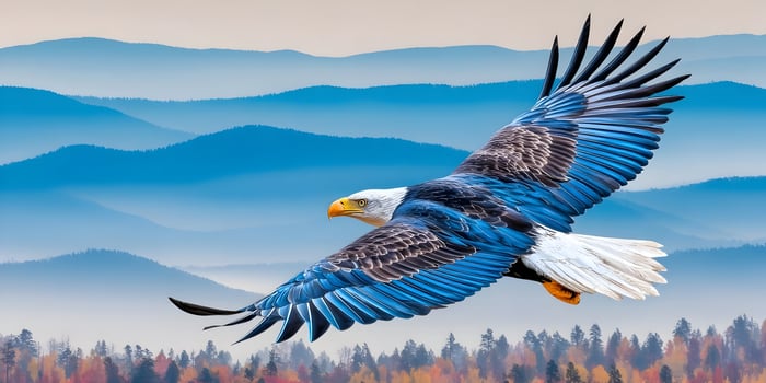 Majestic Bald Eagle in Flight over Blue Mountains Autumn Landscape photo