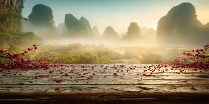 Wooden Table with Pink Flowers and Misty Mountain Background photo