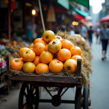 Oranges on Wooden Cart at Street Market Scene photo