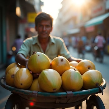 Man Selling Melons from Cart on City Street at Sunset photo