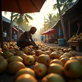 Person Sorting Tropical Fruit at Outdoor Market photo
