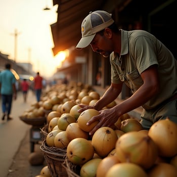 Vendor Arranging Coconuts at Outdoor Market at Sunset photo