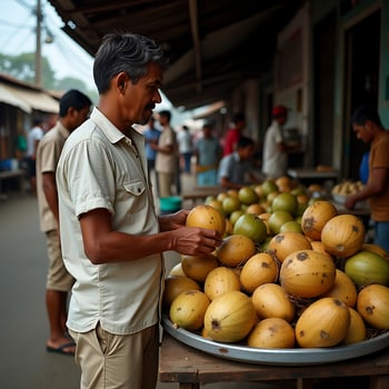 Man Examining Coconuts at Outdoor Market Vendor Inspecting Produce photo