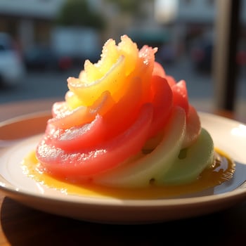 Colorful Rainbow Pear Dessert on Plate close up photo