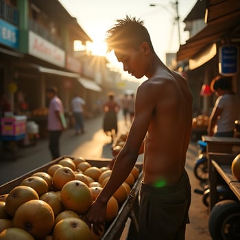 Man Selling Fruit from Cart on Street at Sunrise photo