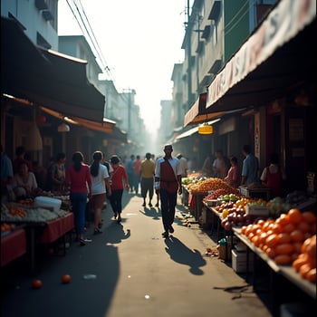 Walking through a Crowded Street Market with Fruit and Vegetables photo