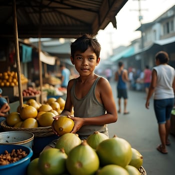 Boy Holding Fruit at Outdoor Market Scene photo
