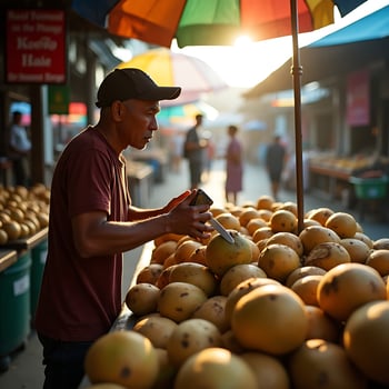 Cutting Fruit at Outdoor Market Stall in Asia photo