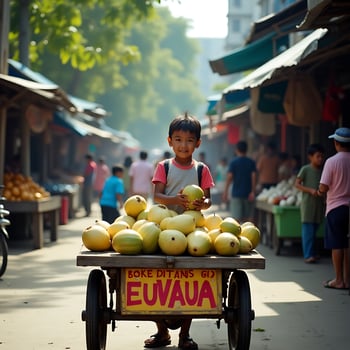 Boy Selling Fruits on Cart at Market Street Scene photo