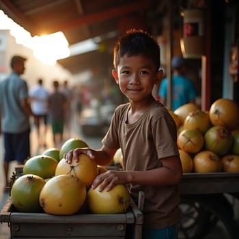 Boy with Tropical Fruits at Outdoor Market Smiling at Camera photo