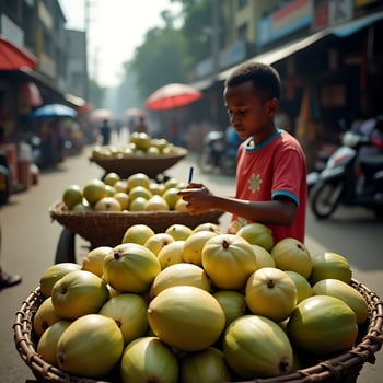 Boy Selling Fruit at Outdoor Market with Carts photo