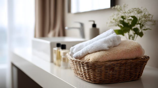 Soft towels in wicker basket on bathroom counter near sink and flowers photo