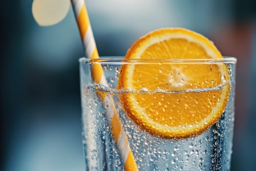 a glass of water with an orange slice photo