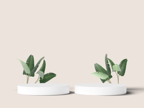 Double white podium with tropical leaves on soft beige background photo