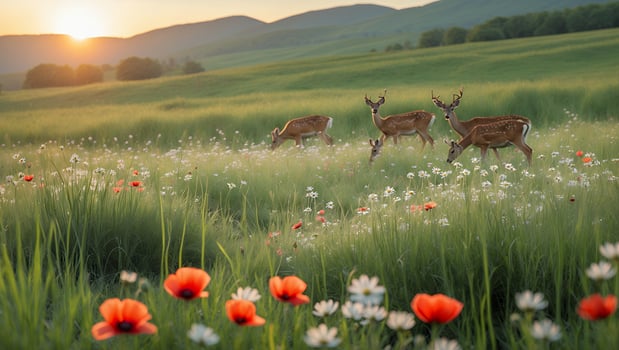 Deer Grazing in Meadow with Wildflowers at Sunset Beautiful Nature photo
