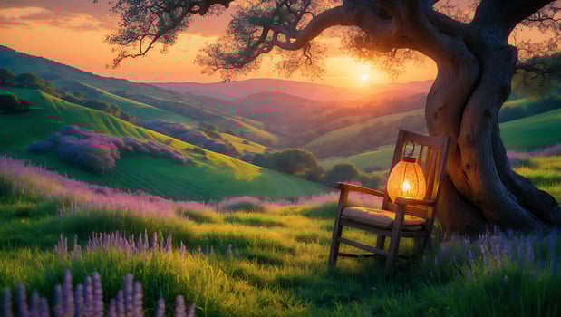 Tranquil Field at Sunset with Chair and Glowing Lantern Under Tree photo