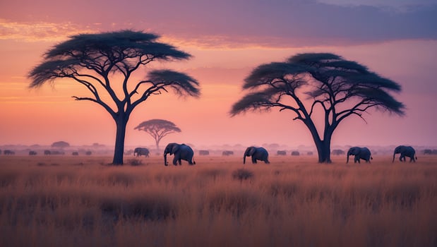 Elephants Walking Through Grassland at Sunset with Acacia Trees photo