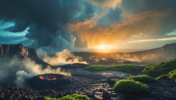Volcanic Landscape with Rising Steam and Dramatic Sky at Sunset photo