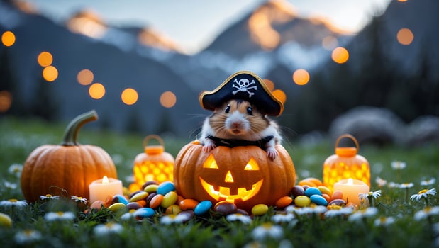 Hamster Pirate in Pumpkin Halloween Scene with Candies and Candles photo