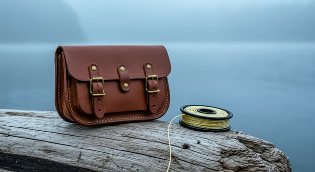 Hand Stitched Leather Fishing Pouch on Driftwood at a Serene Nordic Fjord photo