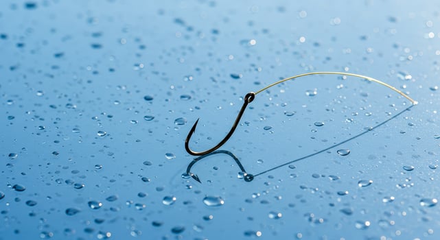 Titanium Fishing Hook on Frosted Glass With Water Droplets Casting Shadows in Natural Light photo