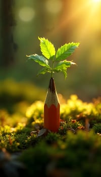 Small plant growing from the tip of a pencil in a mossy forest photo