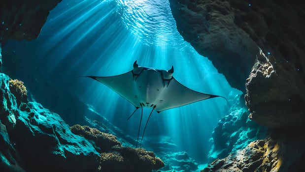 Manta Ray Gliding Through Underwater Cave with Sun Rays Streaming Down photo
