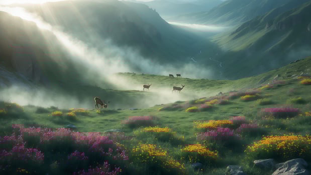 Deer Grazing in a Mountain Meadow with Fog and Wildflowers photo
