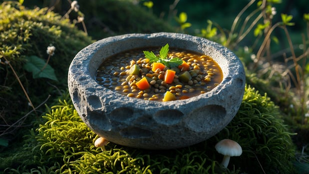 Rustic Stone Bowl of Lentil Soup Garnished with Parsley Outdoors photo