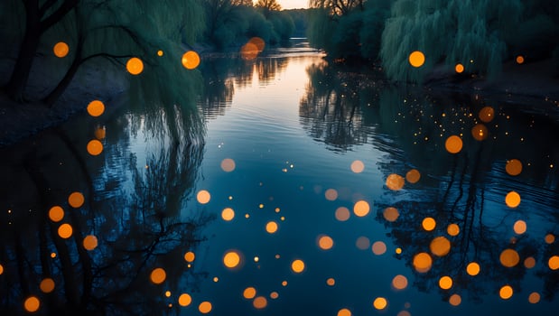 Calm River Reflects Trees and Soft Glowing Lights at Twilight photo