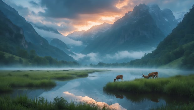 Deer Grazing by Still Mountain Lake in Foggy Valley at Dawn photo