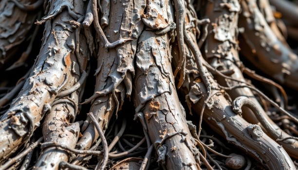 weathered bark of mangroves close up beside exposed roots. photo