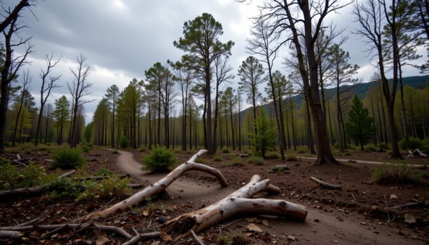 a muddy forest under a heavy cloudy sky. photo