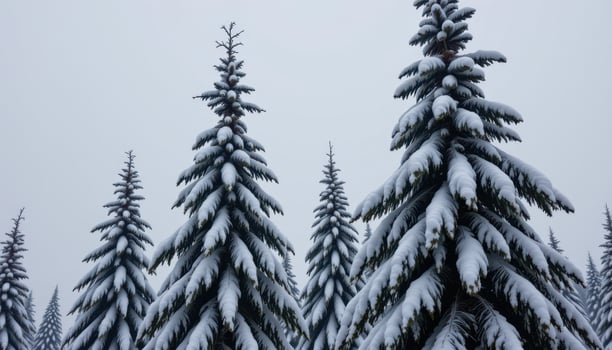 snow covered pine trees under a pale gray sky. photo