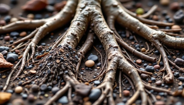 clumps of sediment trapped in the root network. photo