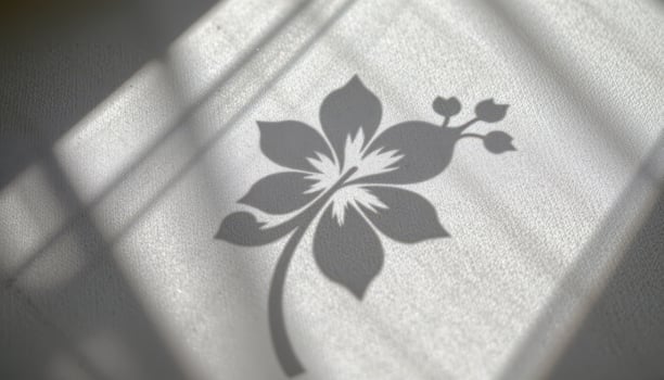 a flower shaped shadow on white linen fabric. photo