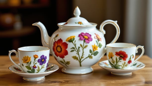 a tea set with pressed flowers embedded in the glaze. photo