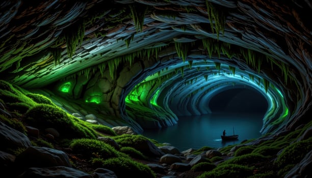 a glowing cave with bioluminescent moss on the walls. photo